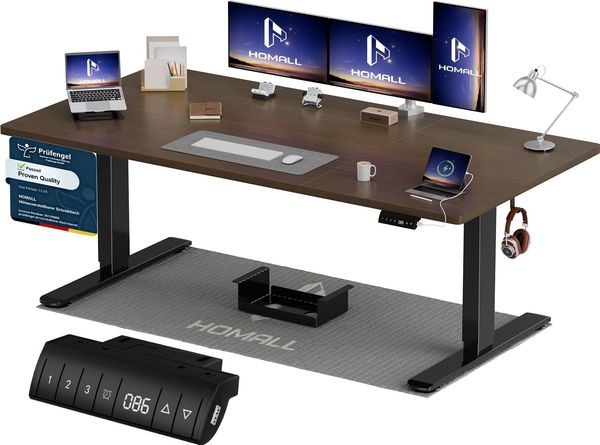 Homall Höhenverstellbarer Schreibtisch 180x80 cm mit USB-A Ladeanschluss, Elektrischer Schreibtisch mit Kabel Management Tray, Standing Desk mit 3 Memory Funktion, Computertisch Nussbaum