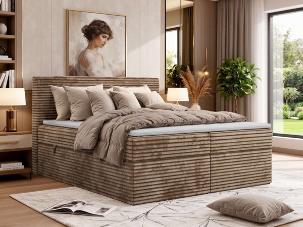 Boxspringbett mit Bettkasten TILION, Bett 160 x 200 cm mit 7-Zonen-Multipocket-Kern H3, Cord Boxspringbett, Polsterbett, Topper T25 - Braun Cord