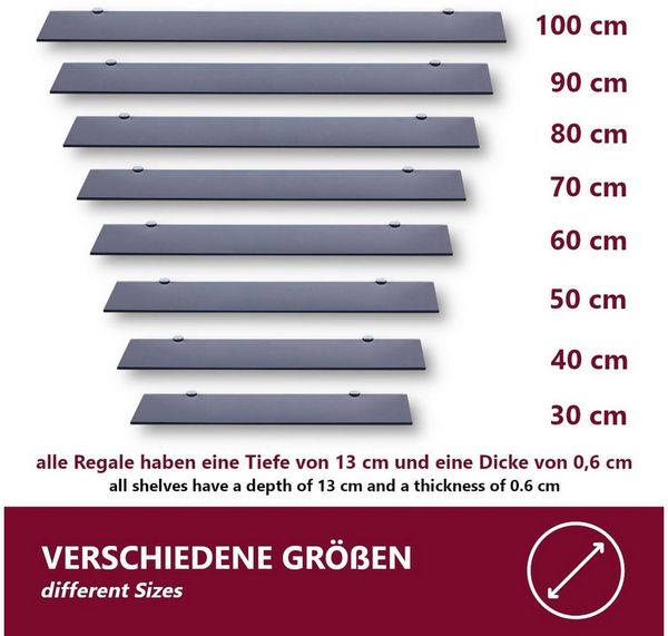 Euro Tische Glas Wandregal 30cm Schwarzglas - Badezimmer Regal aus Glas - 30-100 cm 6mm Glasscheibe aus ESG Sicherheitsglas - Wandboard schwarz an Metallhaltern Montiert