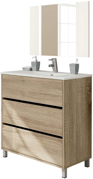 Muebles Pitarch | Set Badezimmermöbel mit Keramikwaschbecken und Spiegel inklusive, 3 Schubladen, Breite 80 cm, mit Beinen, Weiß, für Einbauwaschbecken, Moderner Stil, Modell Kalma