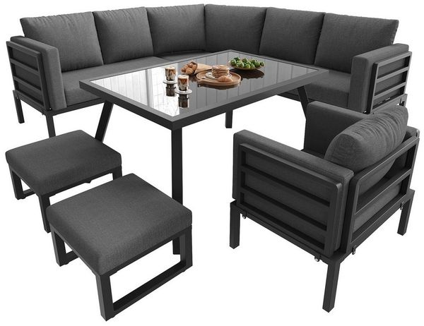KLAM HOME Gartenlounge-Set Halbmond-Gartenlounge-Set 8 Personen, Eisengestell, graue Polster, (Wetterfeste Terrassenmöbel mit Glastisch, Sessel & 2 Hockern), Modulares Balkon-Sofa-Set, abnehmbare Bezüge