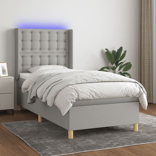 vidaXL Boxspringbett mit Matratze & LED Stoff Hellgrau 90x200 cm, Härtegrad: H2 [3139165]