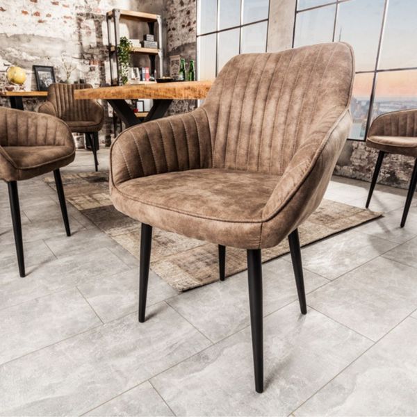 Eleganter Stuhl MILAN Mikrofaser Taupe Ziersteppung Armlehnen Esszimmerstuhl Retro