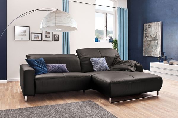 KAWOLA Sofa YORK Leder Life-line grey Rec rechts Fuß Metall Chrom matt mit Sitztiefenverstellung 85 x 180 x 284 cm