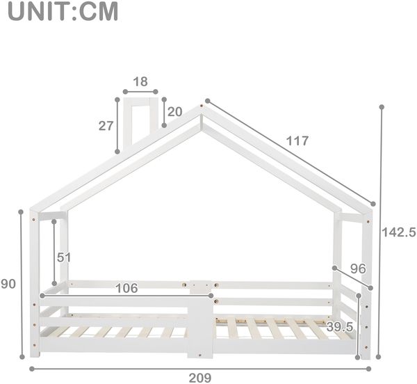 Bett Hausbett 90x200 cm aus Holzmaterial mit Rausfallschutz, Lattenrost, Schornstein, ohne Matratze, Weiß Bild 5