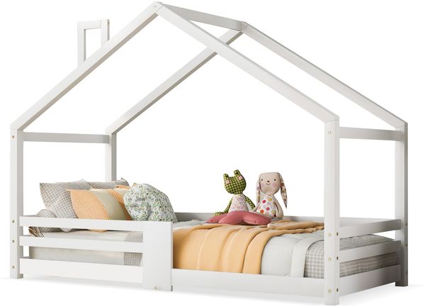 Bett Hausbett 90x200 cm aus Holzmaterial mit Rausfallschutz, Lattenrost, Schornstein, ohne Matratze, Weiß Bild 7