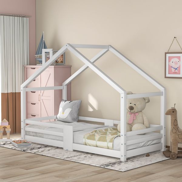 Bett Hausbett 90x200 cm aus Holzmaterial mit Rausfallschutz, Lattenrost, Schornstein, ohne Matratze, Weiß