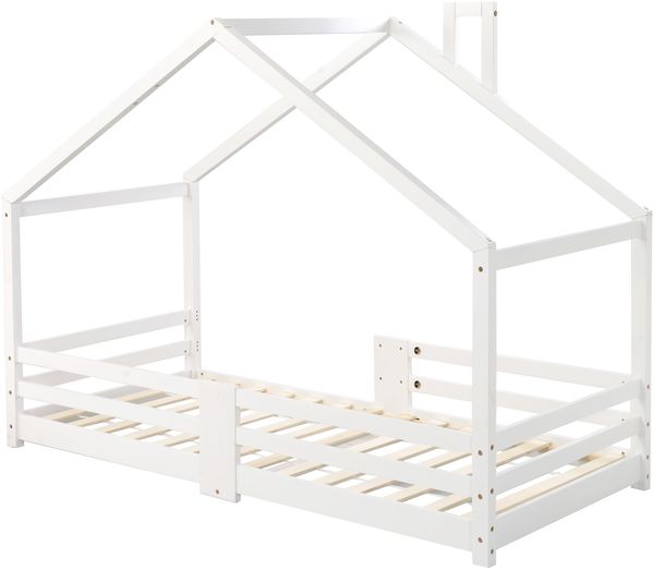 Bett Hausbett 90x200 cm aus Holzmaterial mit Rausfallschutz, Lattenrost, Schornstein, ohne Matratze, Weiß Bild 6