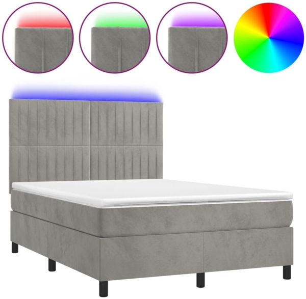 vidaXL Boxspringbett mit Matratze & LED Hellgrau 140x190 cm Samt 3136239