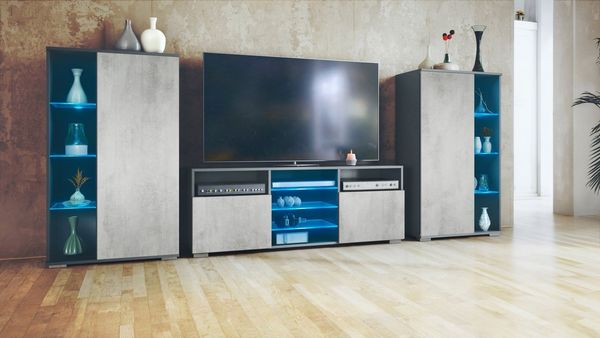 Vladon Wohnwand Davos, (Anbauwand, bestehend aus 2 Vitrinen, 1 TV-Board und LED-Beleuchtung), Anthrazit matt/Beton Oxid Optik (329 x 134 x 35 cm)