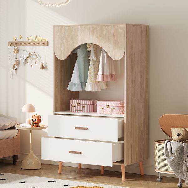 Kleiderschrank 80x46x141,5 cm in Weiß/Natur, offen mit Kleiderstange und 2 Schubladen