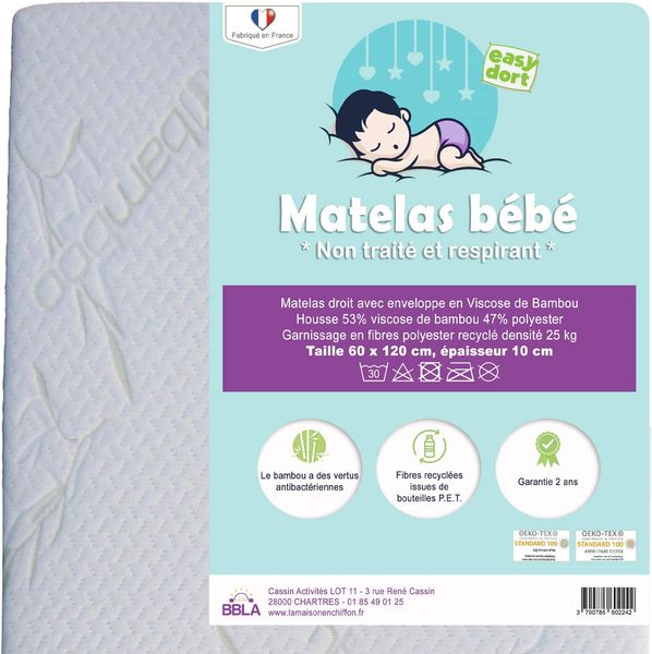Easy Dort - Babymatratze 60x120 cm – Bezug aus Bambus | Sommer & Winter | doppelseitig | Dicke 10 cm | Hergestellt in Frankreich | Öko-Tex® | schadstofffrei | Weiß