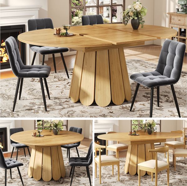 Esstisch ausziehbar, Esszimmertisch, Küchentisch, balkontisch, esstisch holz Runder Esstisch, ausziehbar zu oval, 118-158 cm, Platz für bis zu 6 Personen, Holzfarbe