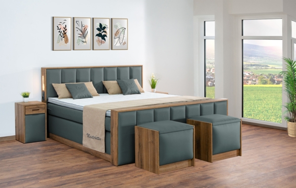 Meisterbetten Boxspringbett Sely mit Holzdekor Eiche Cognac 180x220 in LM-Moorblau, Matratzenbezug Nano, Midisoft-Topper Bild 3