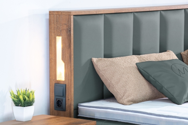 Meisterbetten Boxspringbett Sely mit Holzdekor Eiche Cognac 180x220 in LM-Moorblau, Matratzenbezug Nano, Midisoft-Topper Bild 5