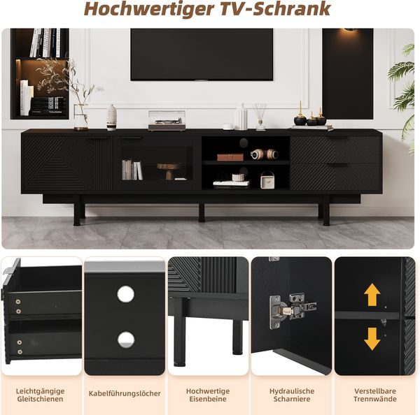 TV-Schrank Schwarz 200x40x50,5 cm, modernes Lowboard für 80-Zoll Fernseher, Sideboard mit 2 Türen 2 Schubladen, 3-Schicht-Ablage Bild 7
