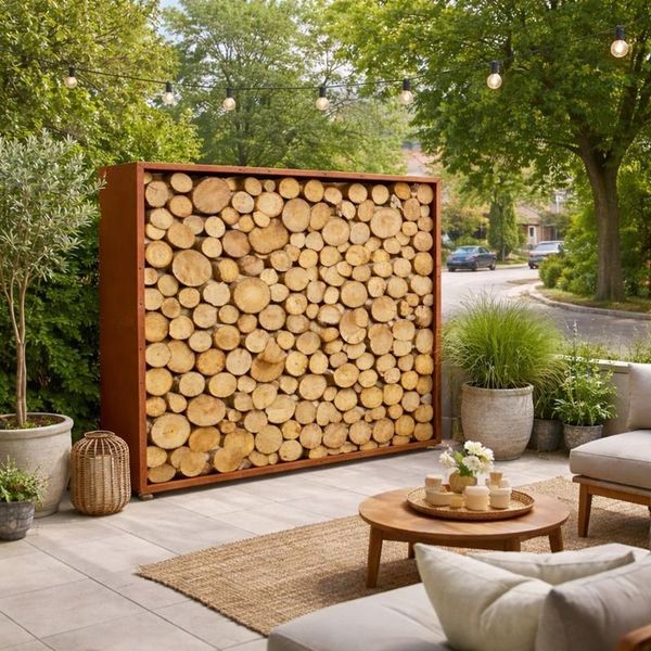 Cortenstahl Sichtschutzwand Brennholzregal 200x200x38 cm Rost Holzlager Edelrost