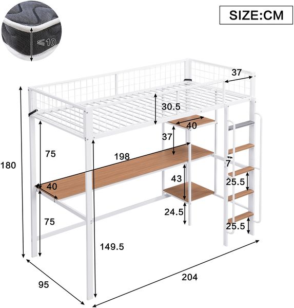 Etagenbett 90×200 cm mit Rausfallschutz, Schreibtisch und Regalen, Weiß/Natur, ohne Matratze Bild 5