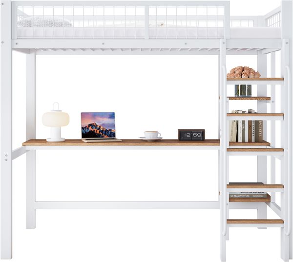 Etagenbett 90×200 cm mit Rausfallschutz, Schreibtisch und Regalen, Weiß/Natur, ohne Matratze Bild 7