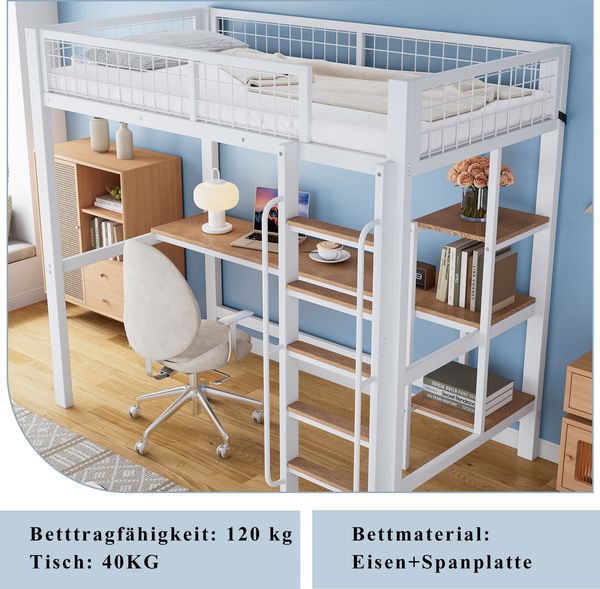 Etagenbett 90×200 cm mit Rausfallschutz, Schreibtisch und Regalen, Weiß/Natur, ohne Matratze Bild 9