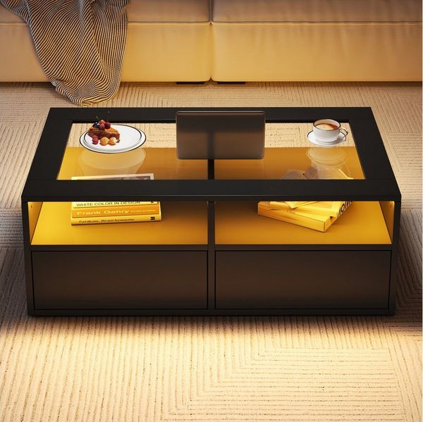 Merax Couchtisch Wohnzimmertisch Beistelltisch mit LED-Beleuchtung (100×50×35 cm, 1-St, zweistöckigem Design & modernem Look), Sofatisch mit gehärteter Glasplatte, 2 Schubladen & offenem Stauraum