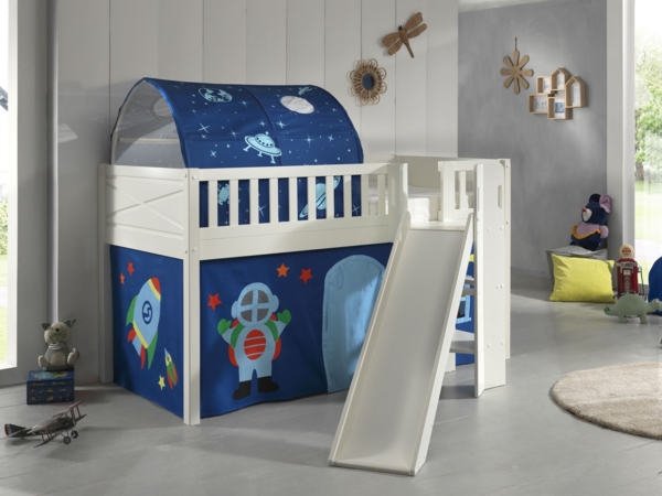 Kinderbett mit Rutsche Karyl Massivholz Weiß Textilset Astro 2 Bild 2