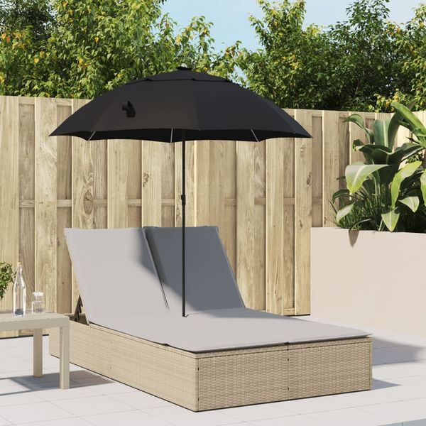 Doppel-Sonnenliege, Gartenliege mit Kissen & Sonnenschirm Beige Poly Rattan