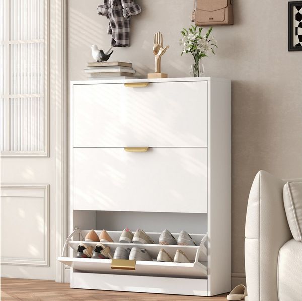 VOWNER Schuhschrank, 3 Klappen, 6 Fächer, verstellbare Ablage, 80 x 24 x 107 cm (1-St) Ideal für Eingangsbereich/Flur​