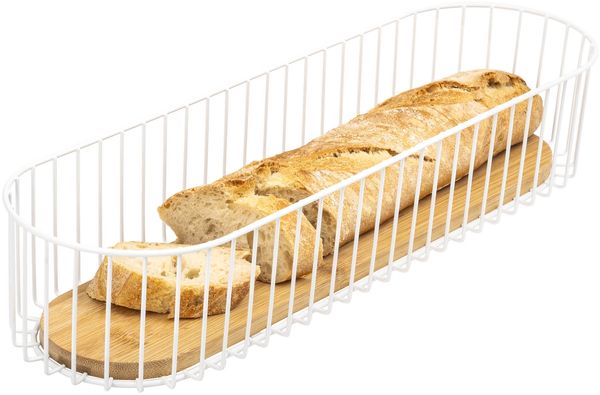 eluno Drahtkorb mit Bambusboden, Obstschale, Brotkorb, matt weiß
