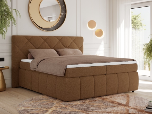 Boxspringbett, Doppelbett, Polsterbett mit Matratzen und Kopfteil - RITA - 180 x 200 cm - Braun Boucle - H4