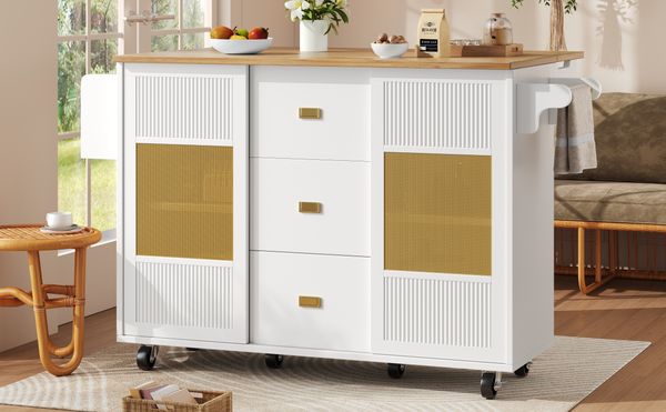 Sideboard / Kücheninsel 146,85x70x90 cm, klappbarer Esstisch, 3 Schubladen, Rollen, Rattan-Türpaneele, weiß