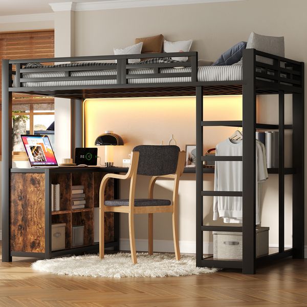 Metall-Hochbett (140x200 cm) mit integriertem Arbeitsbereich, LED-Beleuchtung, USB-Anschlüssen und viel Stauraum, Schwarz