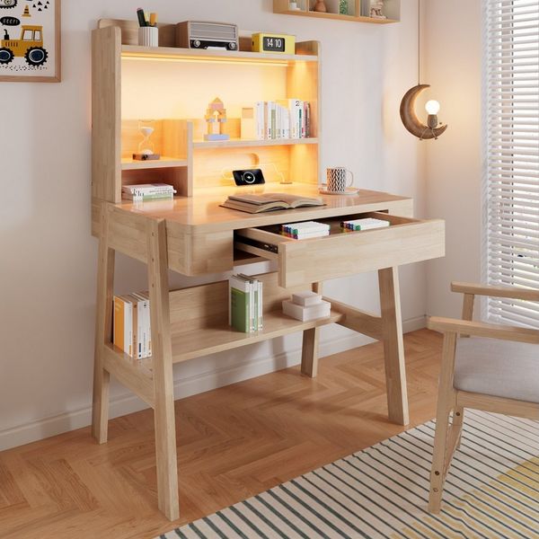 STILVORA Schreibtisch Höhenverstellbarer Kinderschreibtisch mit LED aus Massivholz (Kinderschreibtisch aus Massivholz, höhenverstellbar, LED, Stauraum, Massivholz, LED, USB, Schublade, verstellbar, stabil, natur), für Kinderzimmer, Lernen, Schreiben, H...