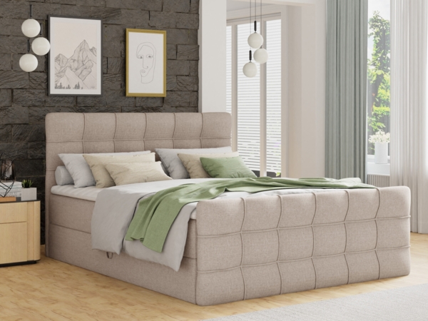 Boxspringbett Best Lux mit Fußteil, 2 Bettkästen, Bonell-Matratze und Topper, Polsterbett (Beige (Inari 22), 160x200 cm)