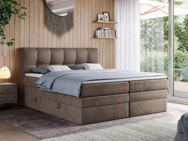 Boxspringbett mit Doppelmatratze - ALVIN-KING Braun 180x200 cm Velours Hart (H4)