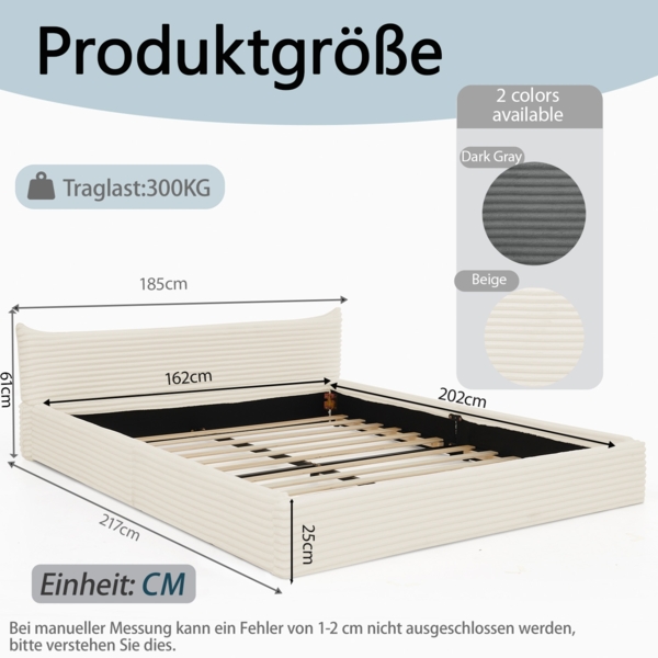 Doppelbett 160x200 cm mit Corduroy-Polsterung, Eukalyptusholzrahmen, geeignet für Schlafzimmer und Gästezimmer Bild 7