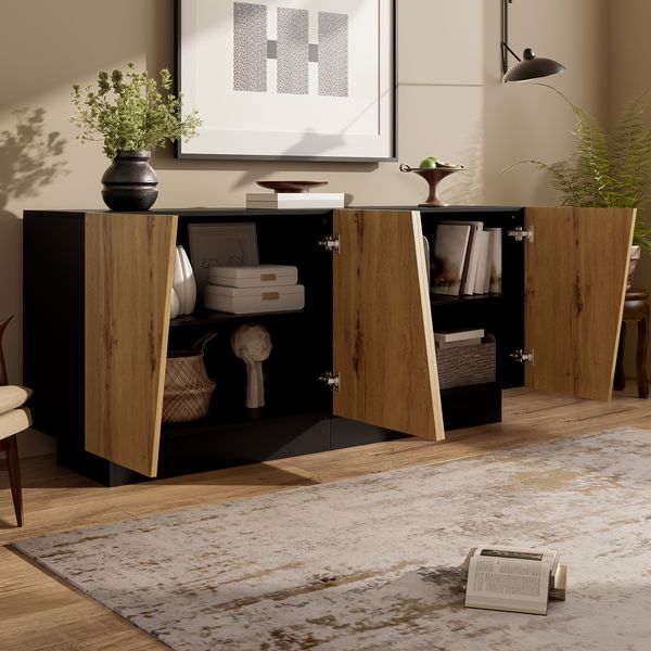 Sideboard 160 cm Schwarz Modern mit Holzoptik - Schrank für Wohnzimmer Esszimmer mit verstellbarem Boden & großem Stauraum