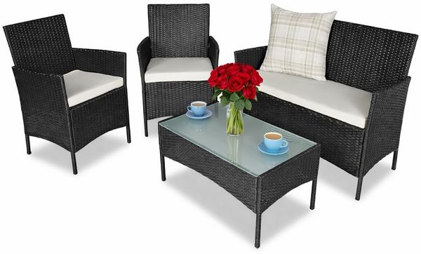 BAKAJI Polyrattan Komplettset Sessel und Gartentisch Komplettes Loungesofa, Sofa, Tisch, Rattan, Gartenmöbel, Schwarz, Standard