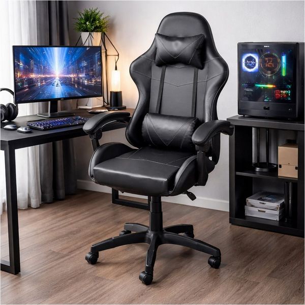HTI-Living Gaming-Stuhl Drehstuhl Kunstleder Schwarz (Stück, 1 St), mit Nacken- und Lendenkissen
