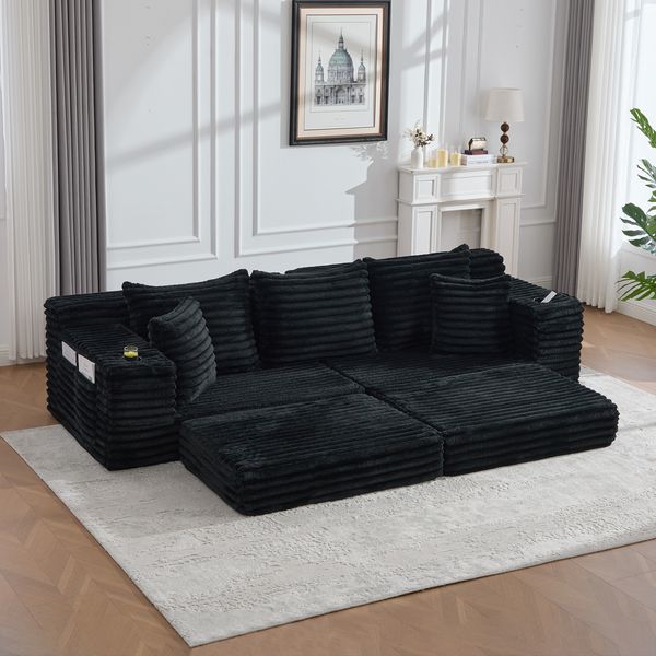 4-Sitzer Schlafsofa B 273 x T 98 x H 87 cm aus Cordstoff in Schwarz, frei kombinierbar