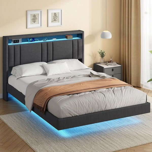 MSMASK Bettgestell Bett Bettgestell 140x190cm, Bettrahmen mit LED-Beleuchtung, Leinenstoff Grau