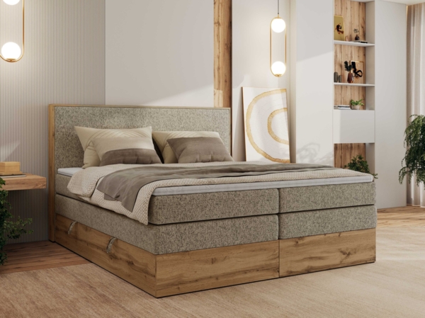 Boxspringbett, Set mit zwei Multipocket-Matratze und Topper, hohe Kopfteil, Eiche Wotan Holzrahmen - WOOD CLASSIC KING - 140 x 200 cm - Dunkelbeige Struktur - H4