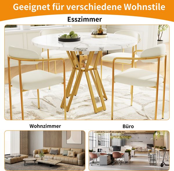 Moderner Esstisch 100x100 cm in Weiß-Gold mit MDF-Tischplatte in Marmoroptik, stabilem Metallgestell, 76cmx100cmx100cm