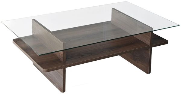 Modern Coffee Table, Walnut & Transparent, 105 x 35 x 65 cm | 100% Tempered Glass & Melamine Coated Particle Board, 18 mm Thickness | Stylish & Durable Design