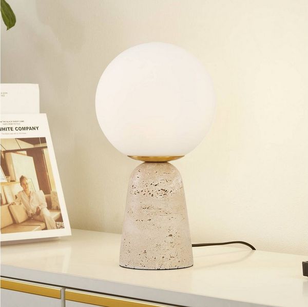 Lindby Tischleuchte Kirstan, Stein Weiß IP20, 1 x 15 W LED