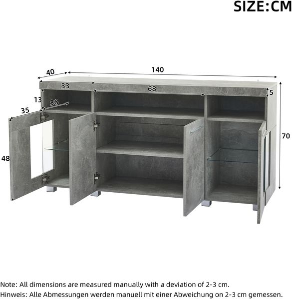 Sideboard Wohnzimmer 140x40 cm Zementgrau Glasfront LED Beleuchtung 16 Farben Schubladen Industriestil Bild 9