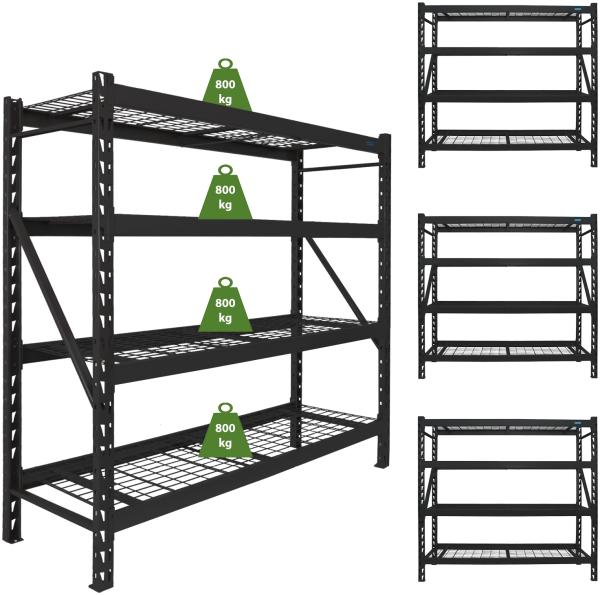 4x Schwerlastregal Enno 180 x 190 x 60 cm 3200 kg Stahl Stecksystem 4 Gitterböden Lagerregal Pickregal