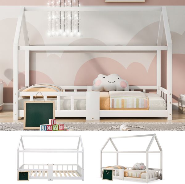 Kinderbett Hausbett 90x200 cmHolzbett für Kinderzimmer inkl. Tafel Lattenrosten Rausfallschutz, aus KiefernholzWeiß (ohne Matratze)