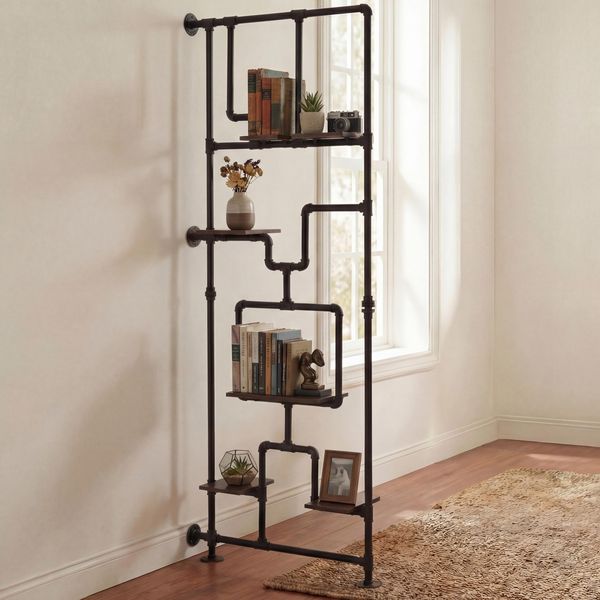 Raumteiler mit Regal HWC-P10, Wohnregal Ablageregal, Industrial Metall Melamin MVG 203x80x20cm ~ dunkelbraun