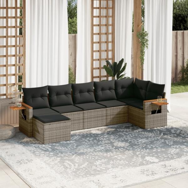 vidaXL 7-tlg. Garten-Sofagarnitur mit Kissen Grau Poly Rattan 3227033